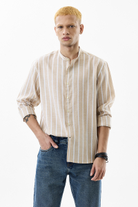 Snitch Men Striped Casual Beige Shirt