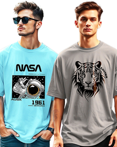 AUSK Printed Men Round Neck Grey, Light Blue T-Shirt