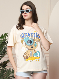 Fabflee Printed Women Round Neck Beige T-Shirt