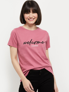 MAX Printed Women Round Neck Pink T-Shirt