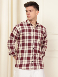 WOXEN Men Checkered Casual Maroon, Cream Shirt